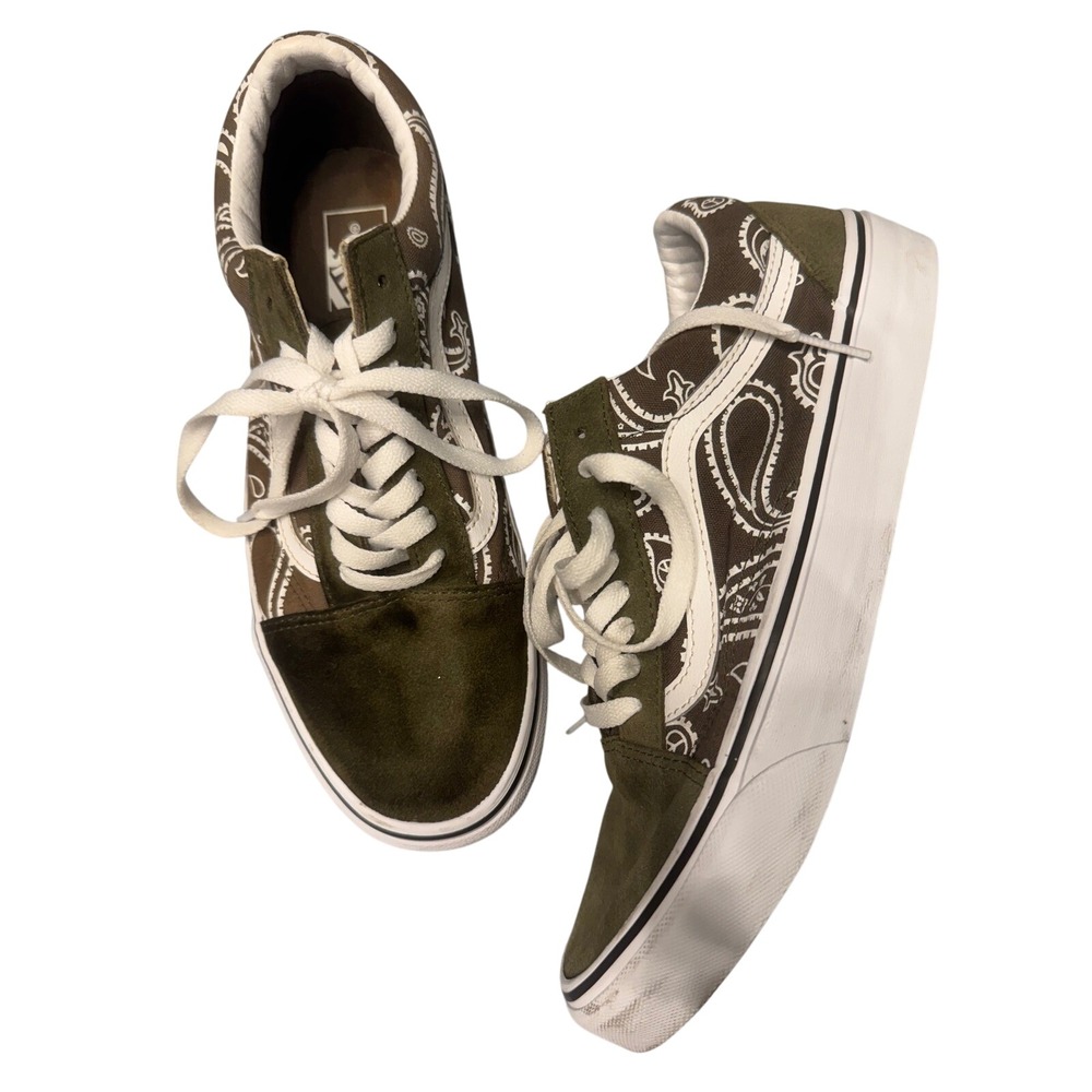 Vans Old Skool Olive Green Brown Paisley Skate Shoes Sneakers Mens 8.5 Womens 10